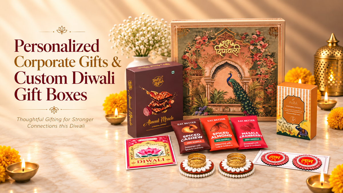 Personalized corporate Diwali gift box with custom sleeve, engraved gift and recipient name