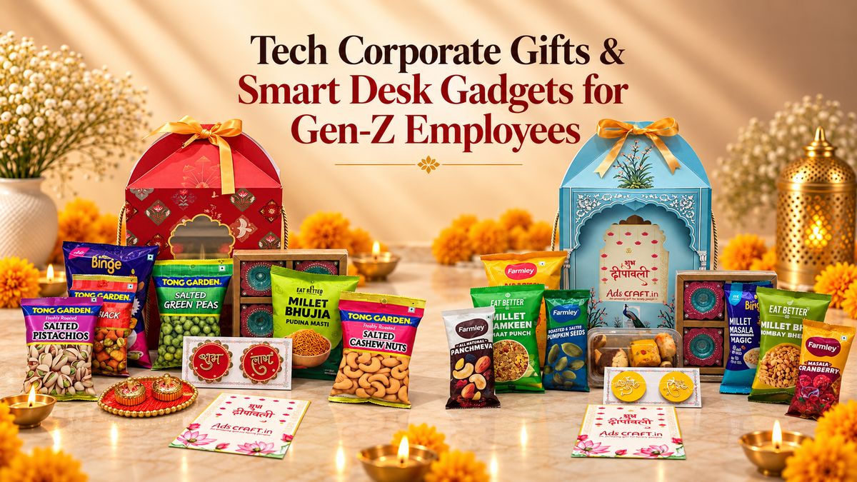 Tech corporate gift hamper with wireless charger, smart desk gadgets and Bluetooth speaker for Gen-Z employees