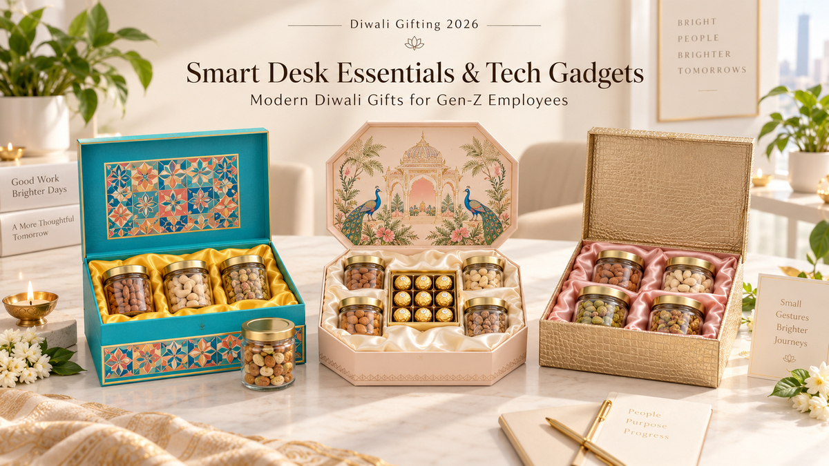 Tech corporate gift box with wireless charger, Bluetooth speaker and smart desk gadgets