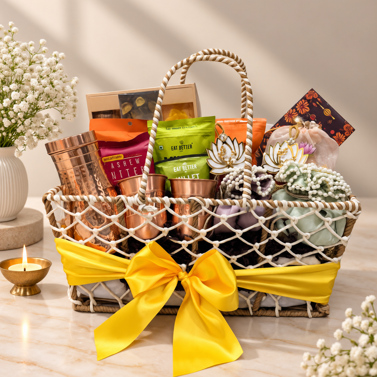 Open Jumbo Sustainable Diwali hamper with copper pot and glasses, dry fruit potlis, sweets, snacks and festive gifts