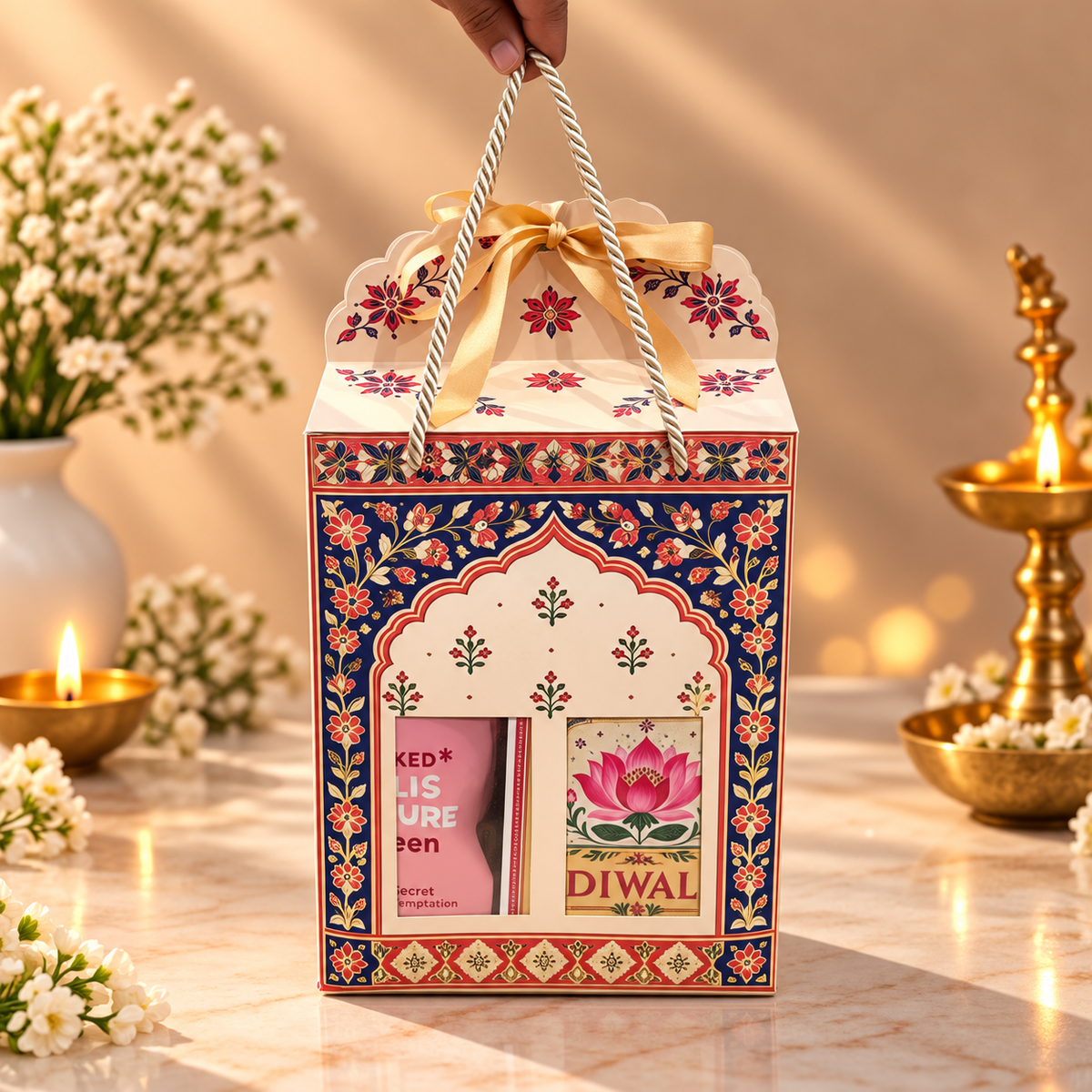 Open Madhubani Diwali gift box with Open Secret snacks, Farmley makhana, Hershey’s chocolate and Eat Better ragi chips