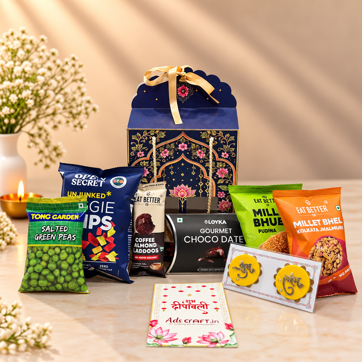 Royal Blue Gourmet Diwali hamper with premium snacks, coffee almond laddoos, choco dates and festive accents