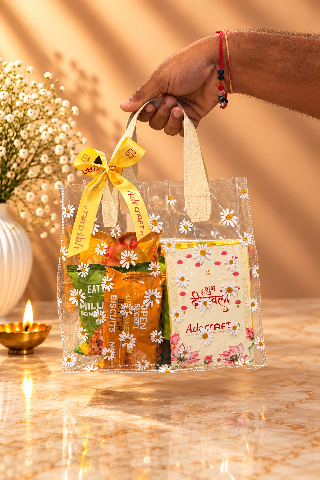 Festive Floral Treat Diwali Hamper with Premium Snacks, Almonds & Handmade Diyas