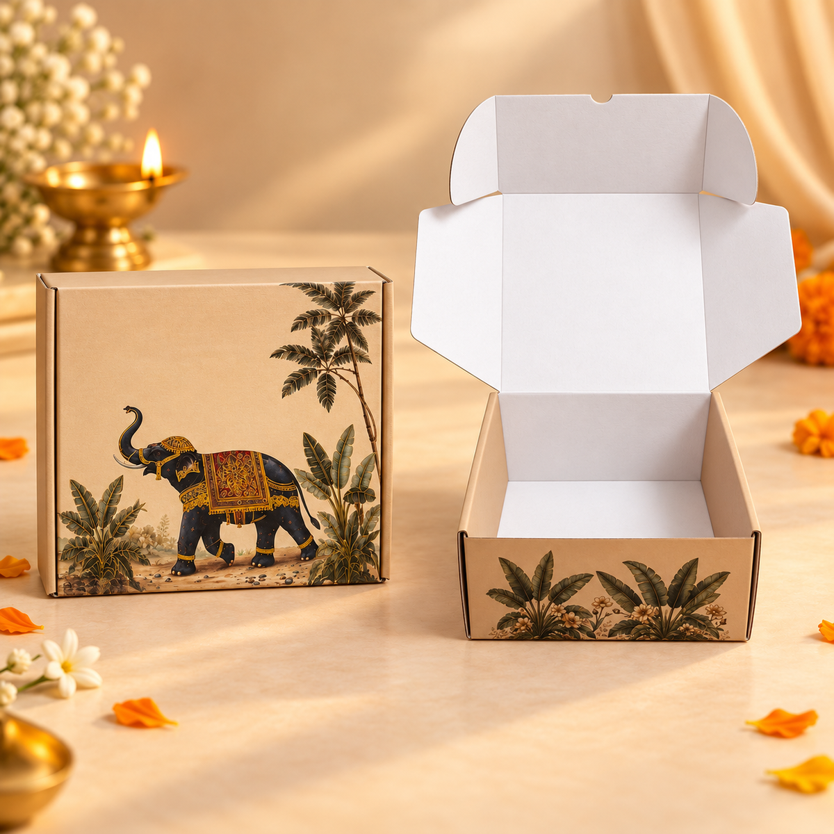 Closed corrugated mailer gift box with premium Royal Elephant Print design
