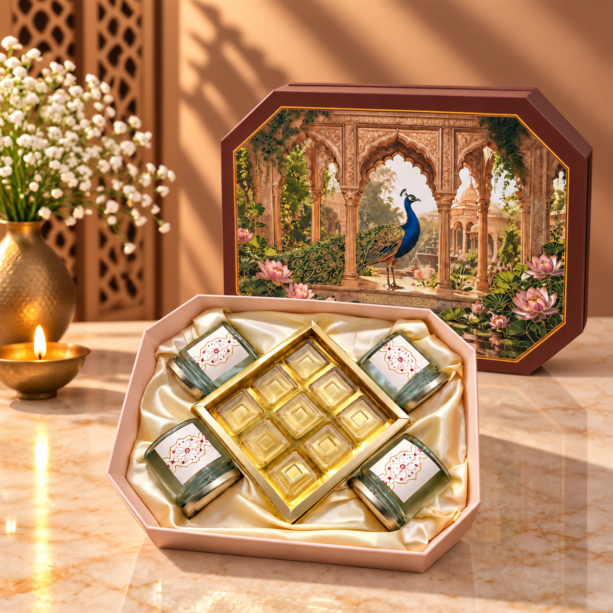 Royal Peacock Print festive hamper box with four glass jars measuring 14 x 11 x 5 inches