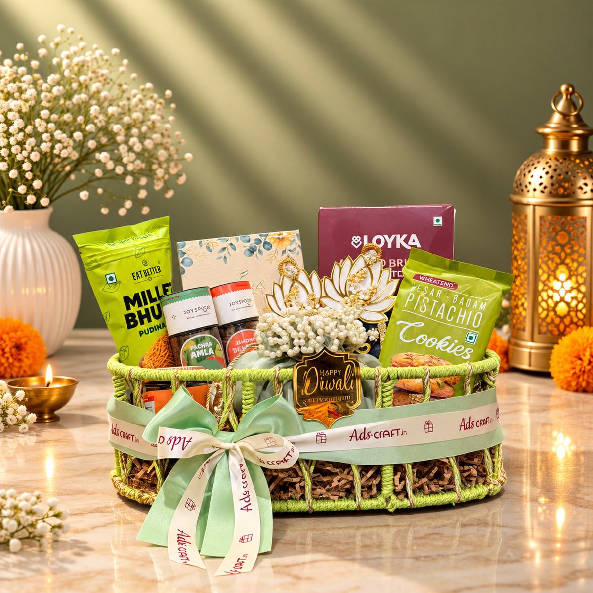 Festive Indulgence Diwali Hamper with Dry Fruits, Gourmet Treats & Reed Diffuser