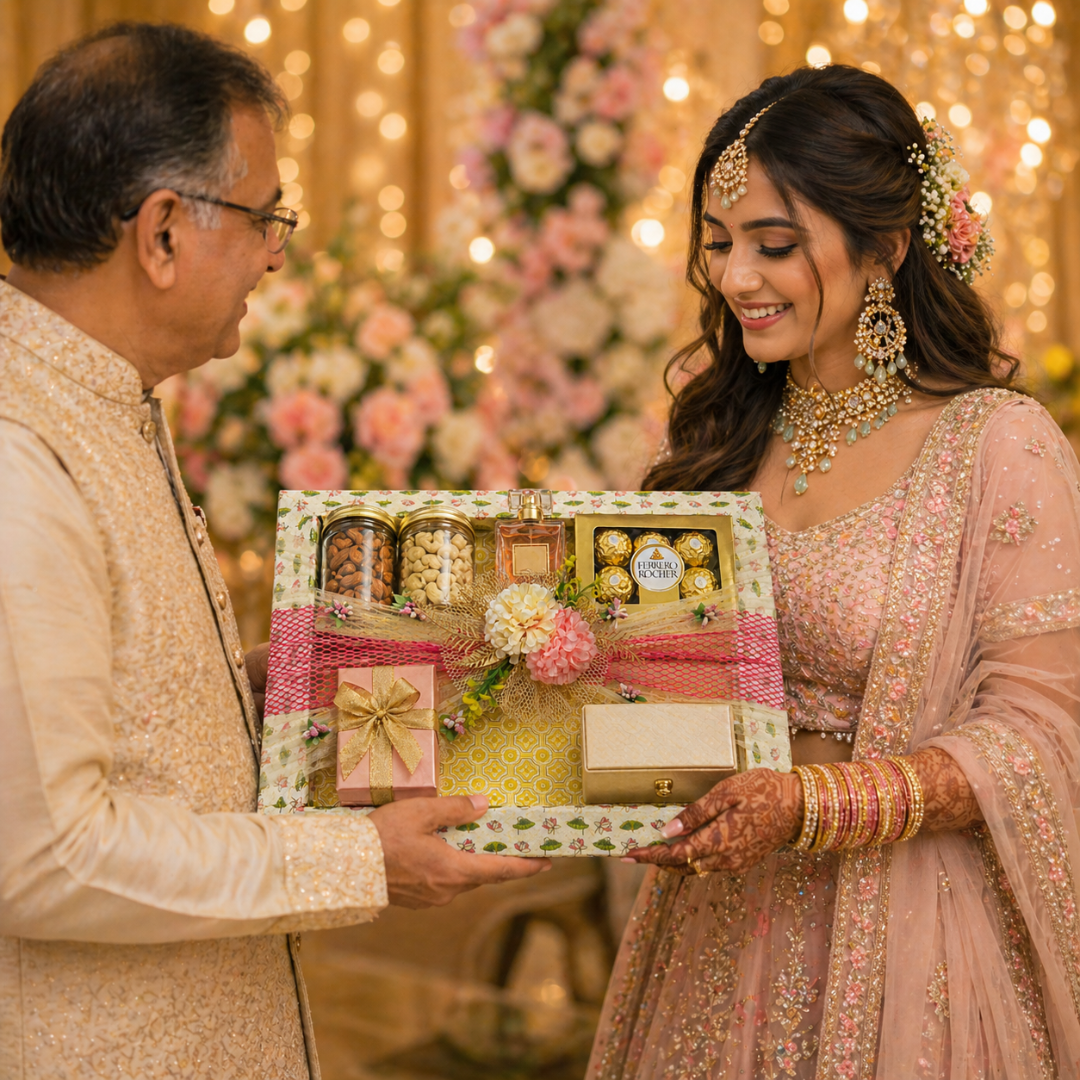 (Set of 3)Premium Floral Net Decorative Tray (18 x 14 Inch) – Yellow & Pink Wedding Hamper Tray