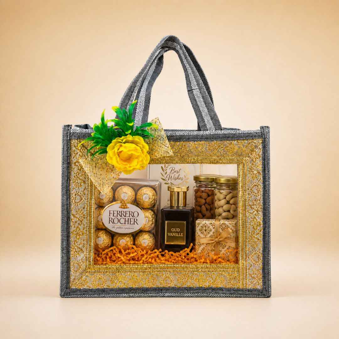 (Set of 5)Premium Grey Transparent Jute Gift Bag with Golden Lace Frame & Floral Decoration (10 x 14 Inches)
