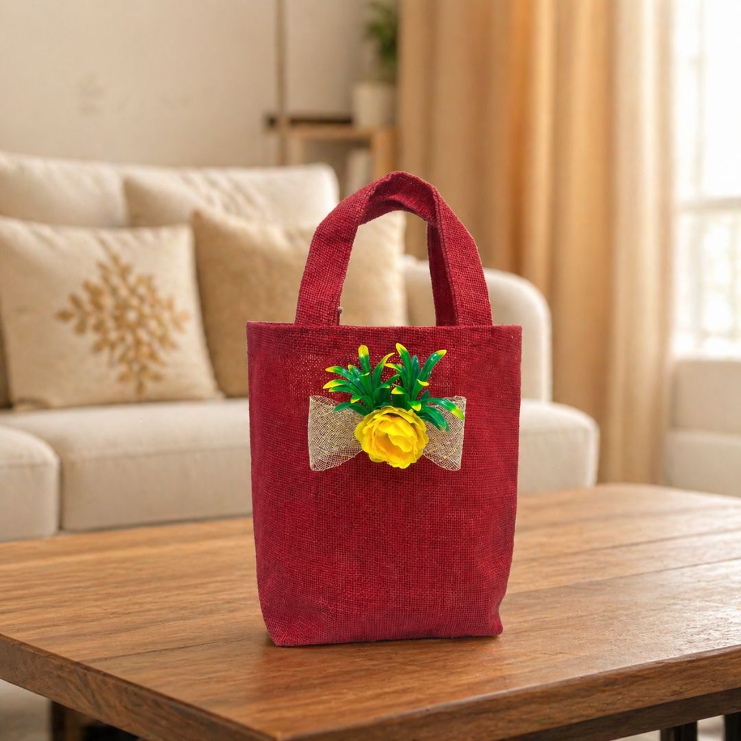 (Set of 5)Premium Red Jute Gift Bag with Floral Bow – Reusable Hamper Bag