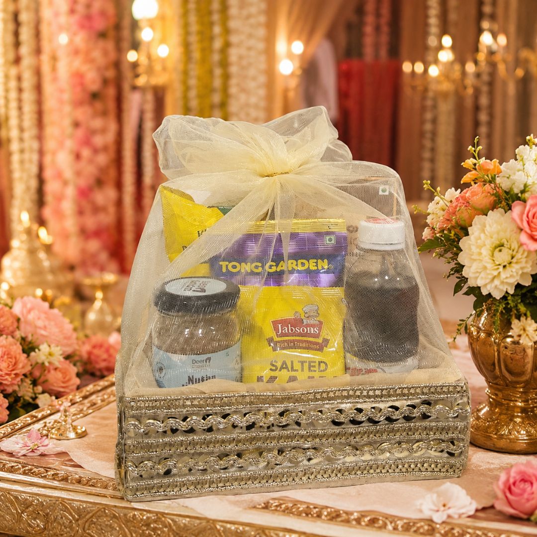 Cream organza potli basket size reference showing 8 x 8 inch square dimensions