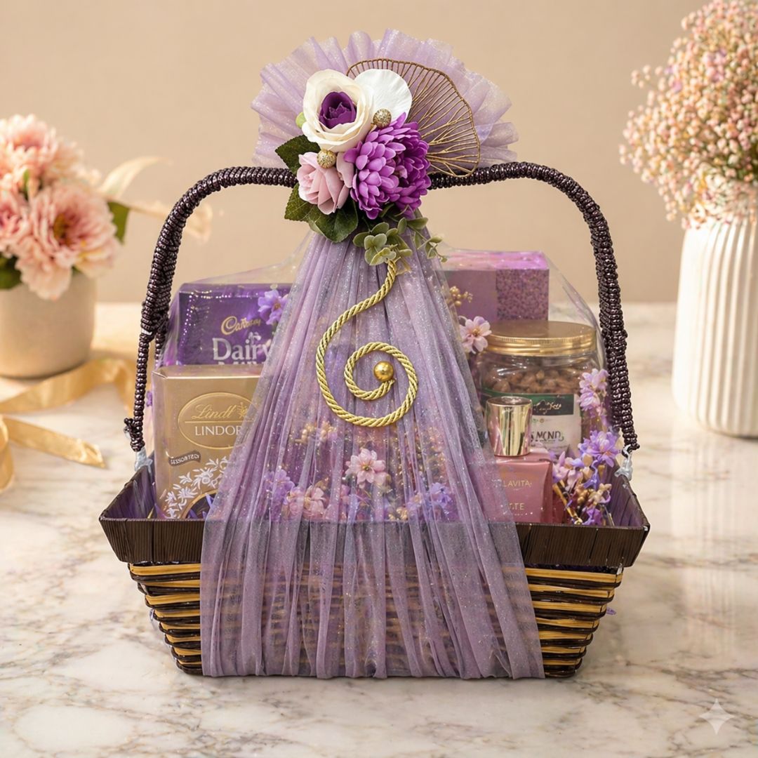 (Set of 3)Premium Lavender Net Gift Baskets with Floral Decor & Handle (16 x 12 Inches)