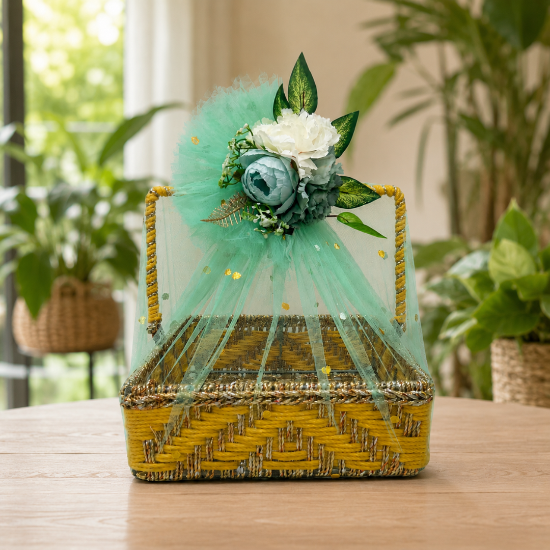 (Set of 3 )Premium Yellow Handwoven Trousseau Basket Set with Mint Net Decor –