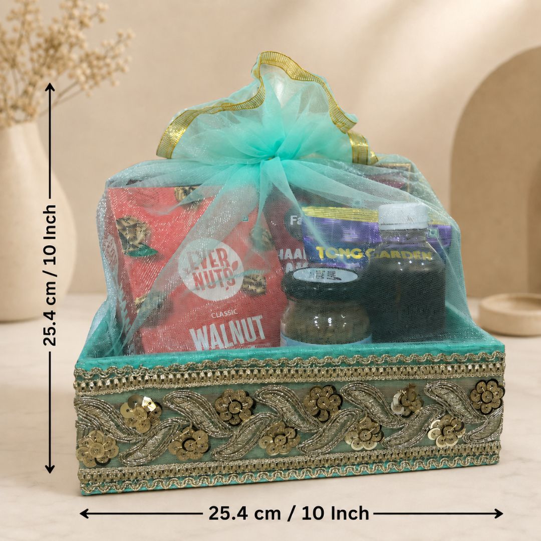 Set of 3-Turquoise Silver Embroidered Wedding Hamper Basket  Set