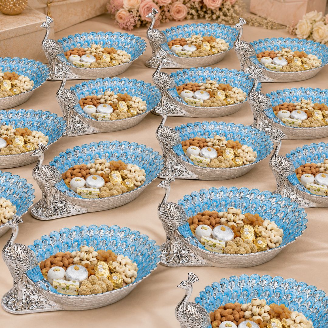 Peacock Design German Silver Dry Fruit Tray – Blue Enamel (8 Inch) - Adscraft.in