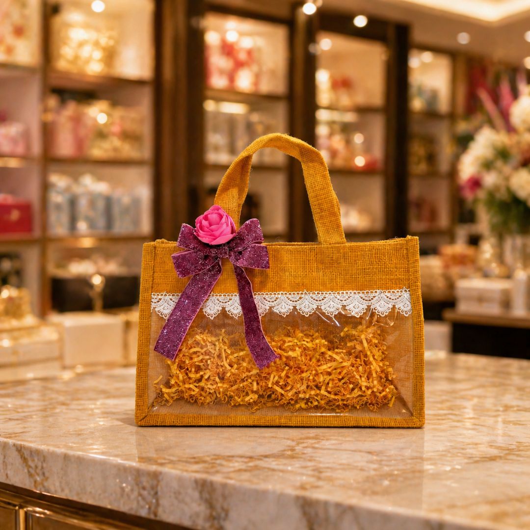 (Set of 5)Premium Jute Transparent Gift Bags with Lace & Floral Bow – 10 x 14 Inch Sizes
