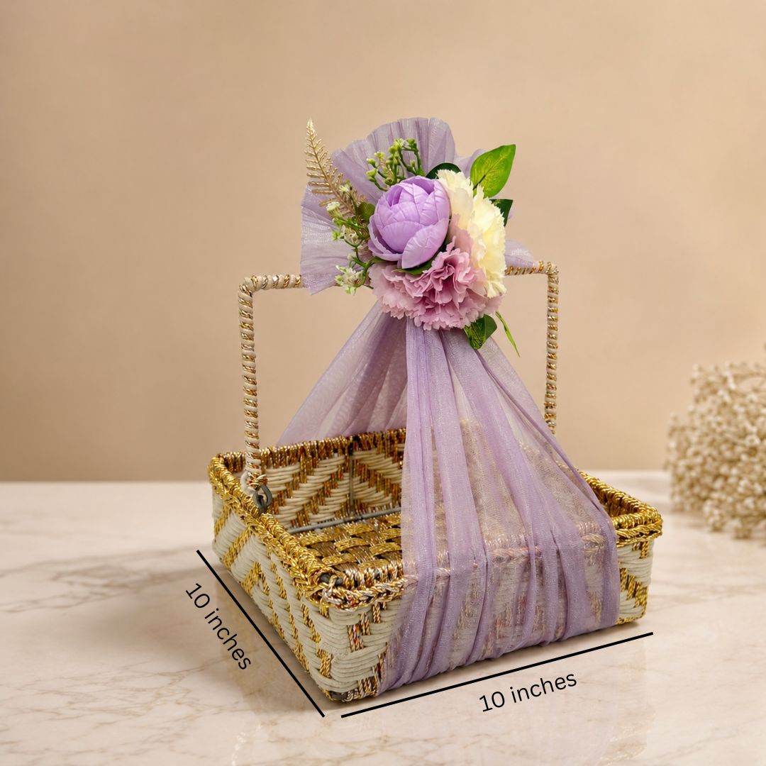 White & Gold Floral Basket (Set of 3) – (10x10 Inches)