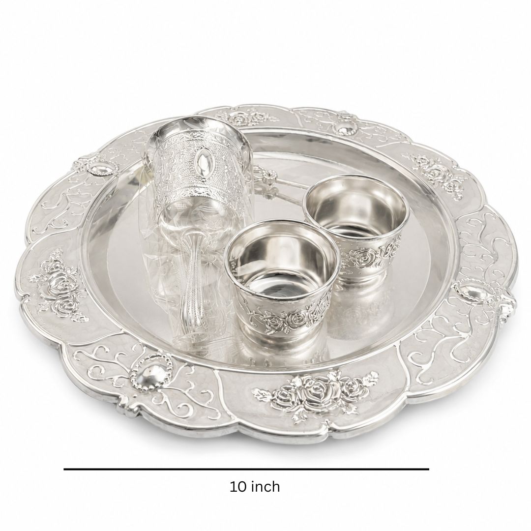 Premium German Silver Tray Set with Bowls & Spoon for Pooja, Serving & Gifting - Adscraft.in