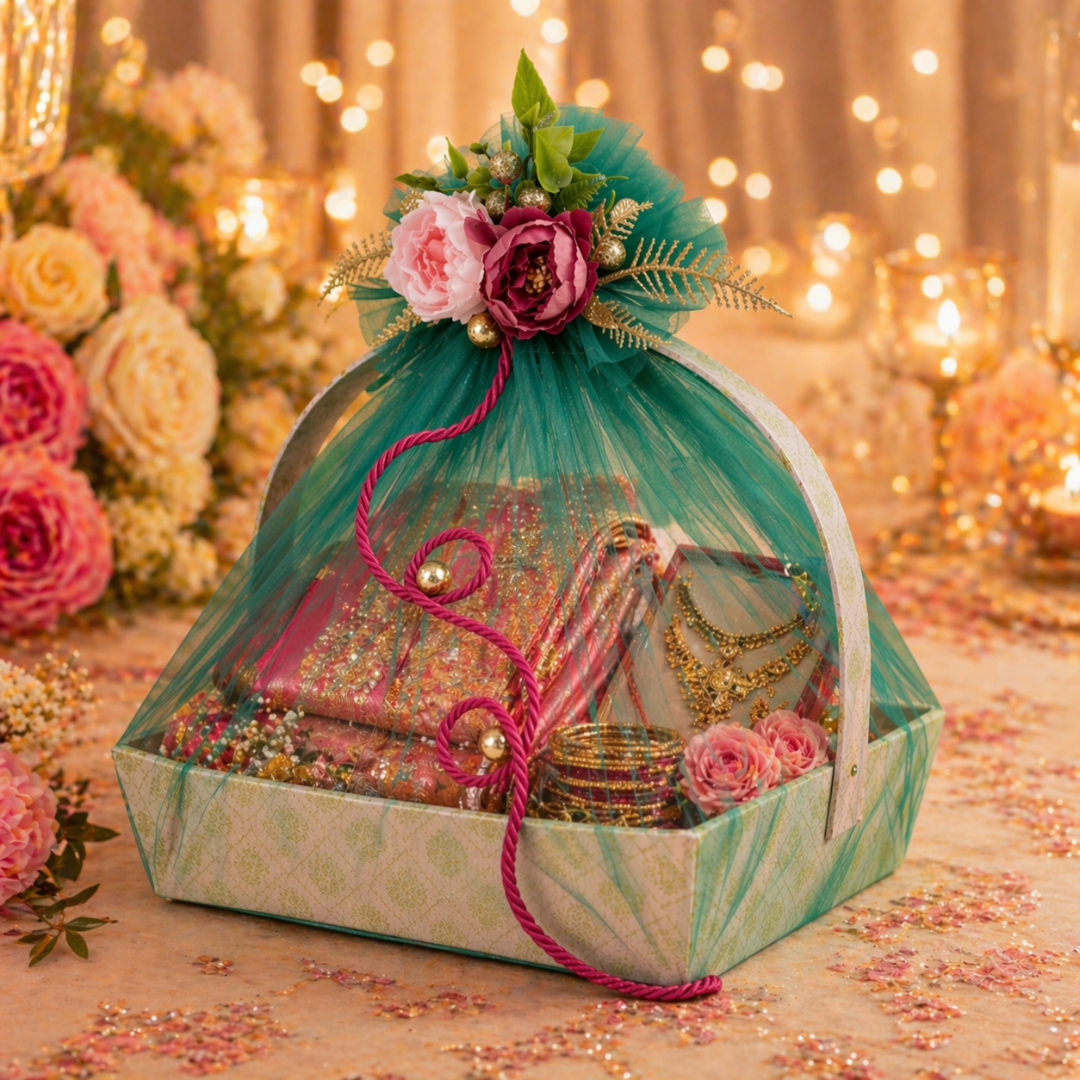 (Set of 3)Premium Mint Green Net Gift Basket with Floral Decor & Handle – 11 x 15 Inches