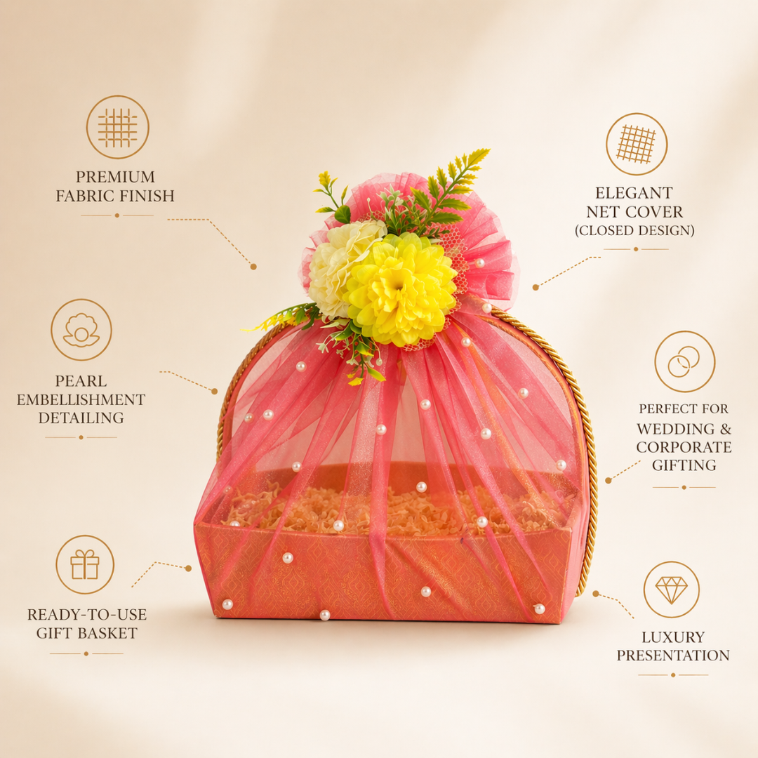 (Set of 3)Premium Peach Net Gift Basket with Floral Top –  (11 x 15 Inches)