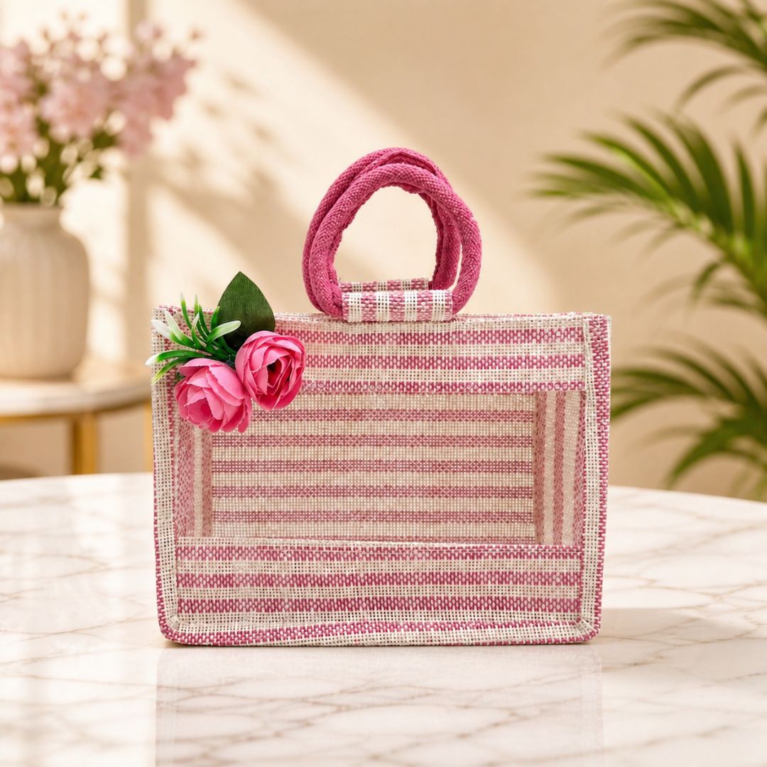 (Set of 5) Premium Pink Jute Gift Bags with Floral Decoration & Handle (11 x 12 Inch) – Wedding Return Gift & Hamper Packaging