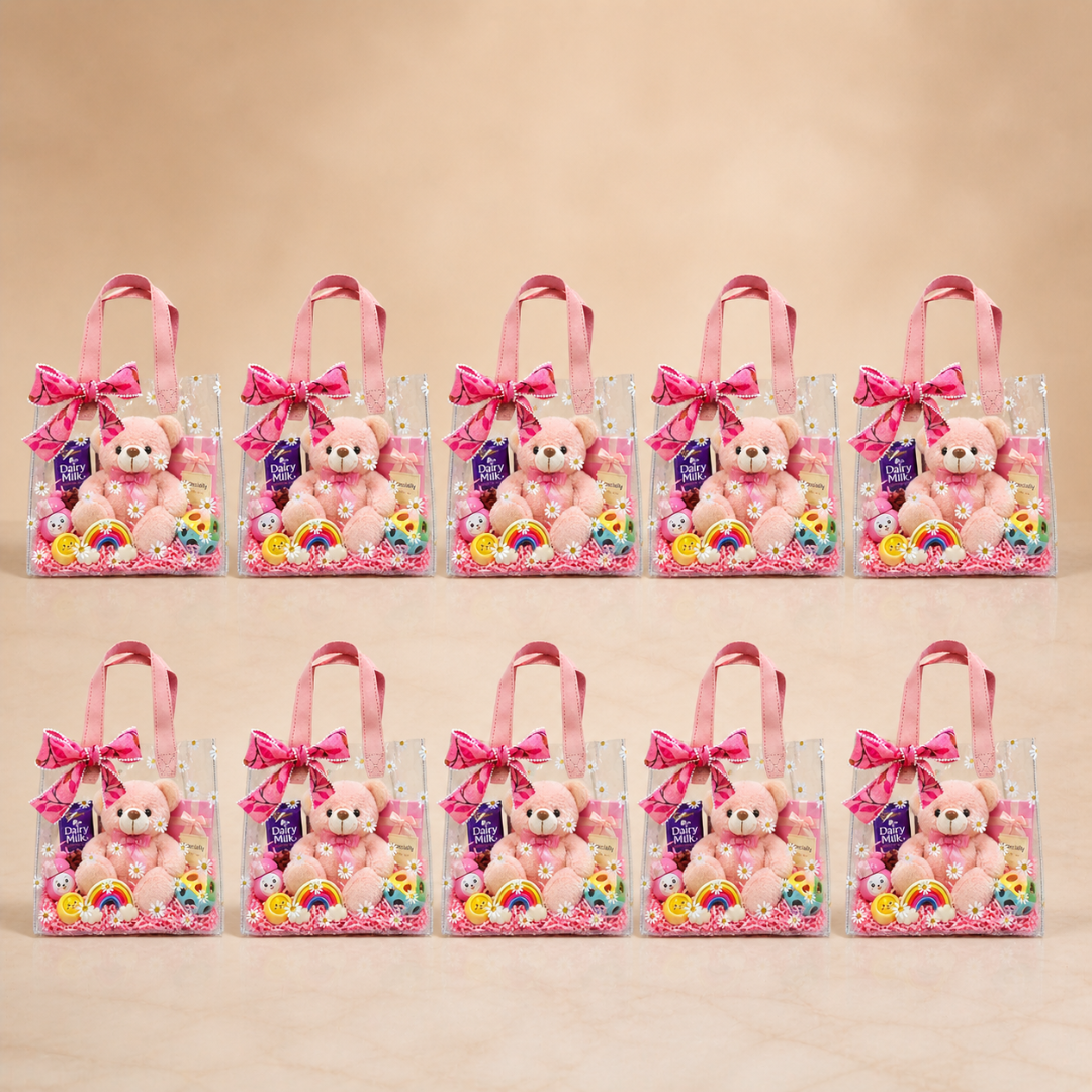 (Set of 5)Premium Transparent Floral Gift Bag with Bow Handle – (10 x 14 Inch)