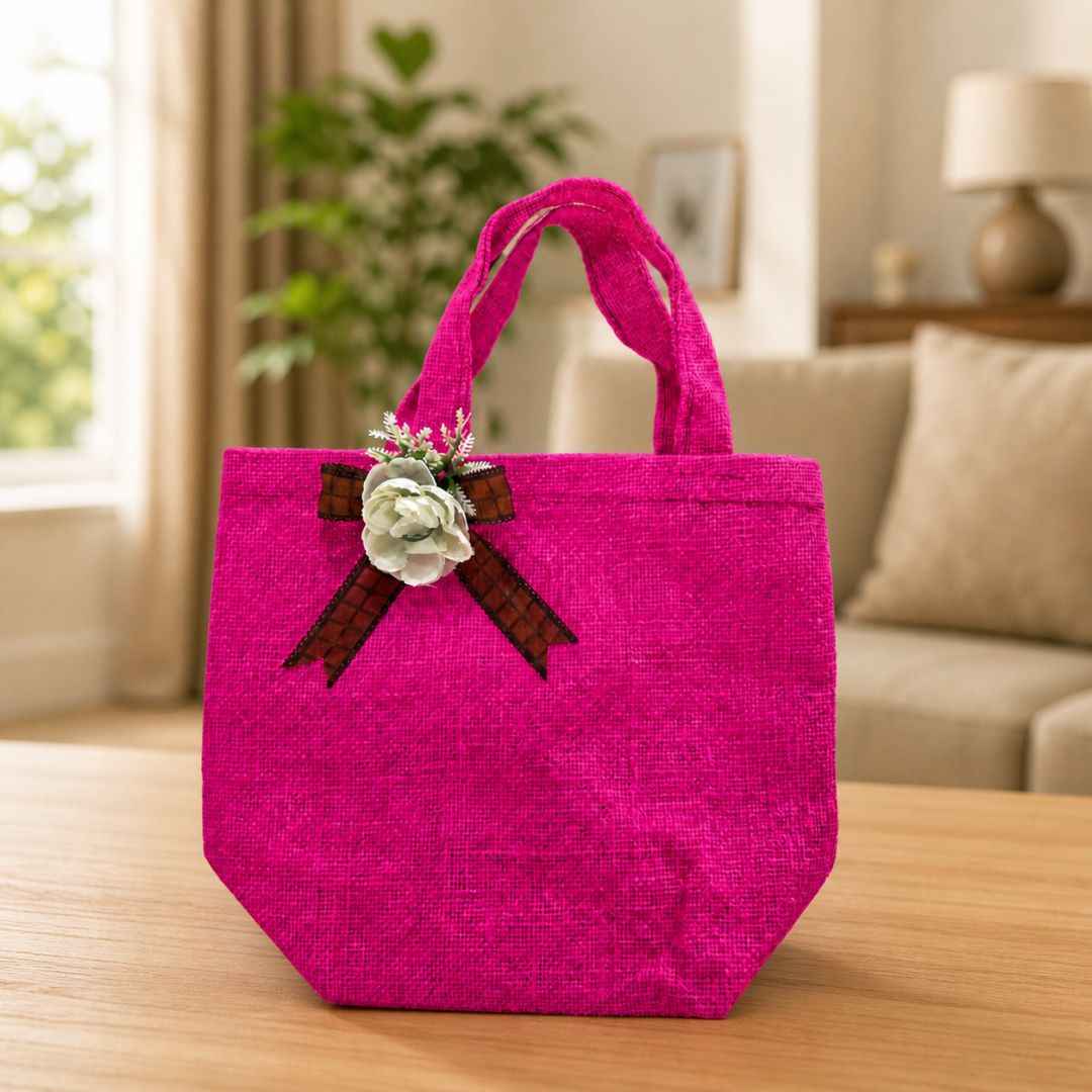 (Set of 5)Premium Pink Jute Gift Bags  with Floral Bow – 11 x 15 Inches