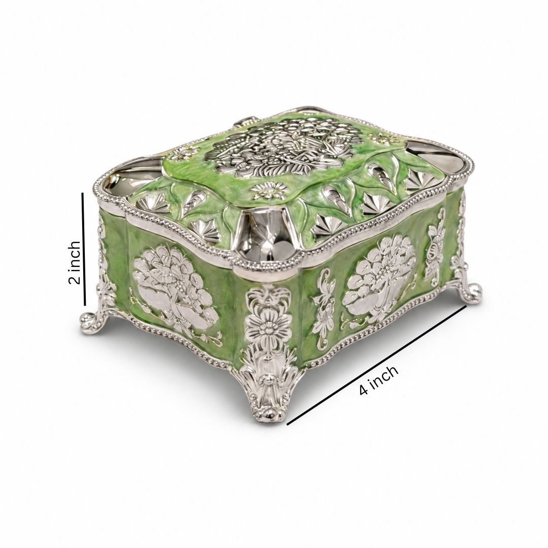 Green Enamel German Silver Decorative Jewellery & Keepsake Box (4 x 3 x 3 Inch)