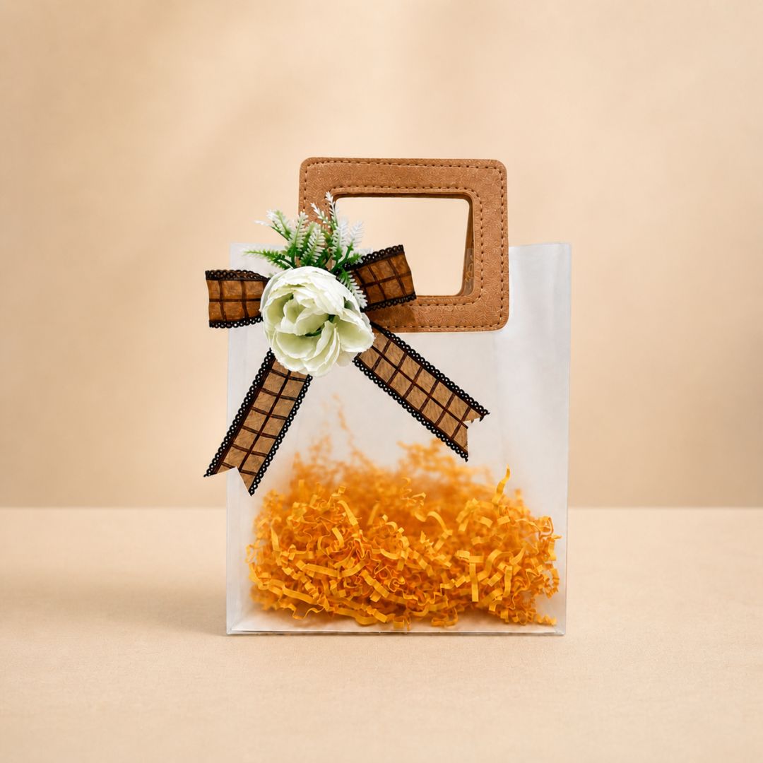 (Set of 5)Premium Frosted Gift Bag with Wooden Handle & Floral Bow – (6.5 x 9 Inches)