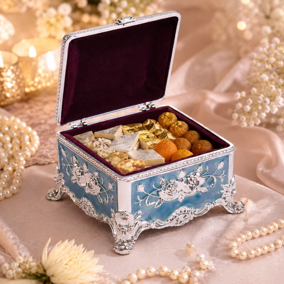 Premium Peacock Design German Silver Jewelry Box – Sky Blue (3 x 3 Inch)
