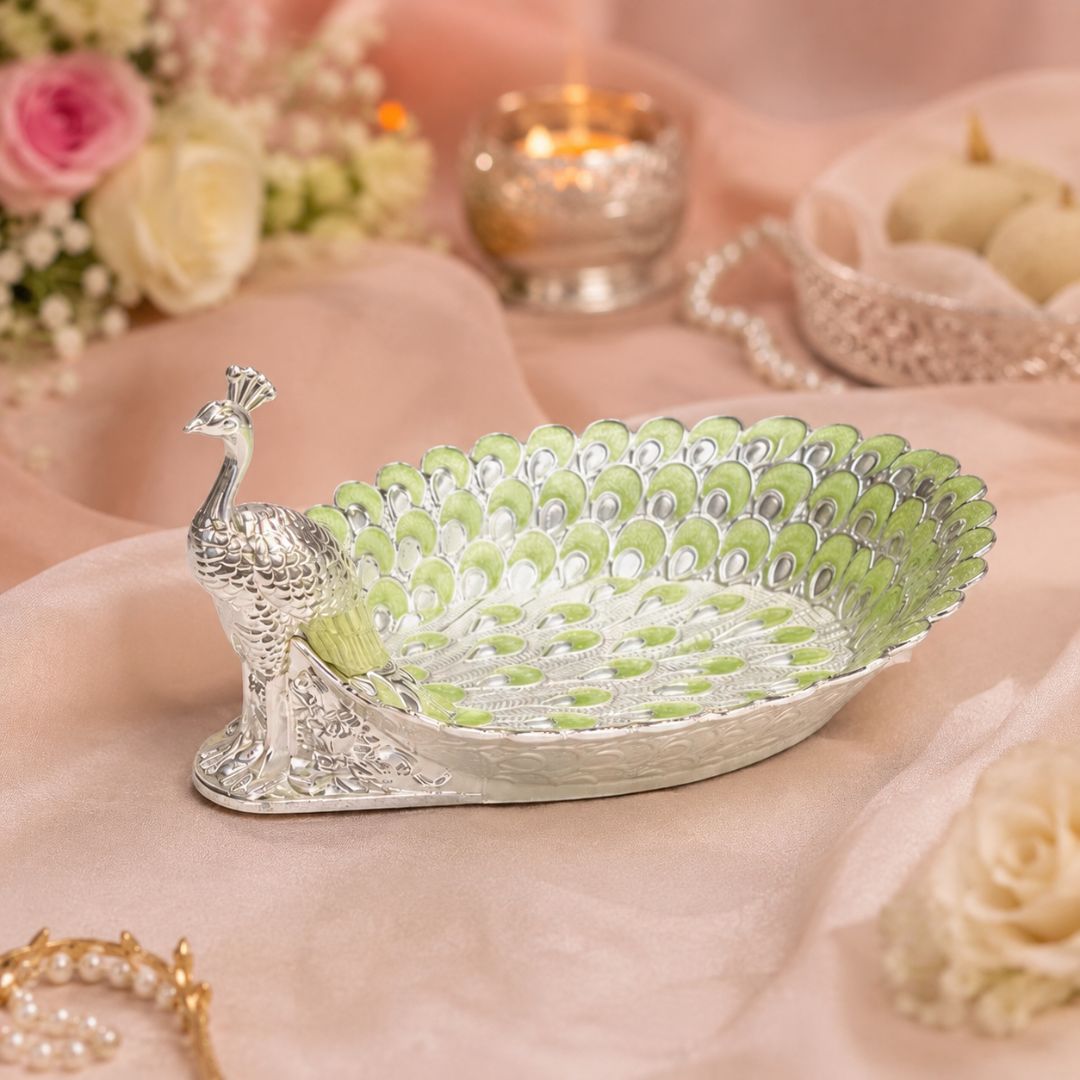 Peacock-Shaped German Silver Dry Fruit Tray – Green Enamel Finish (8 Inch) - Adscraft.in
