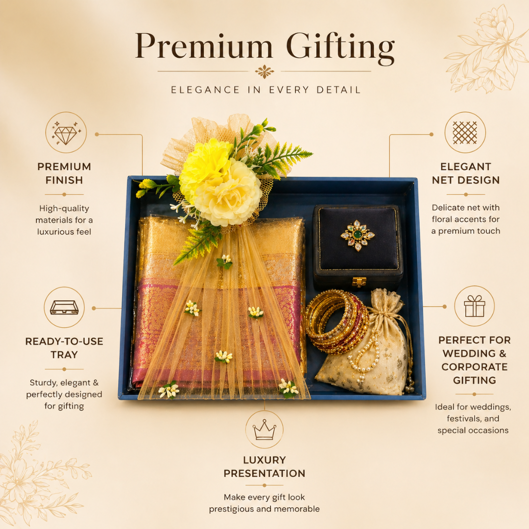 (Set of 3)Premium Navy Blue Ready-to-Use Gift Tray with Yellow Net & Floral Decor (16 x 12 Inch) - Adscraft.in
