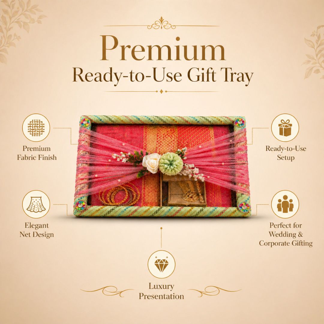 (Set of 3) Classic Green Brocade Trousseau Trays with Organza & Floral Decor – Wedding Gift Packing Made Elegant