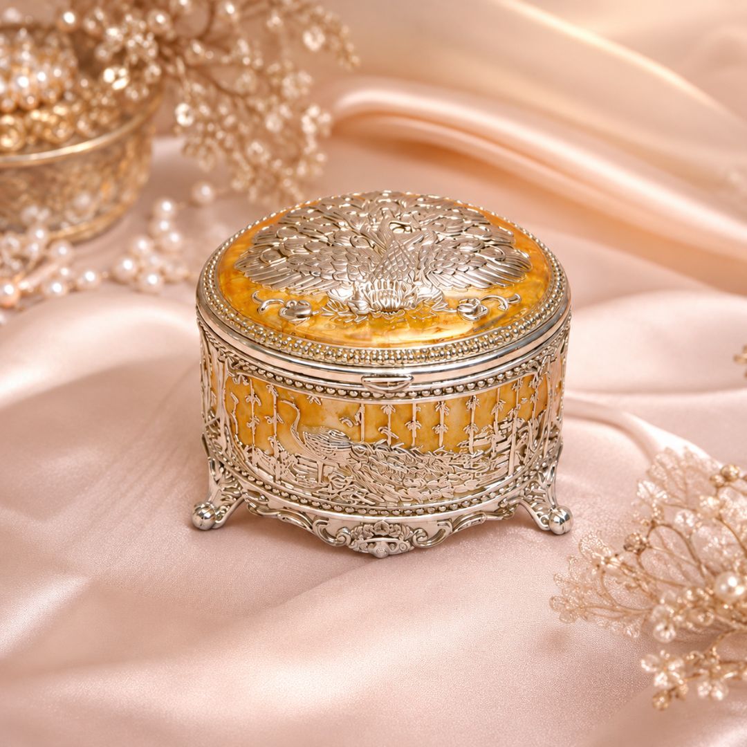 Premium German Silver Peacock Jewellery Box – 3 Inch Round with Velvet Interior