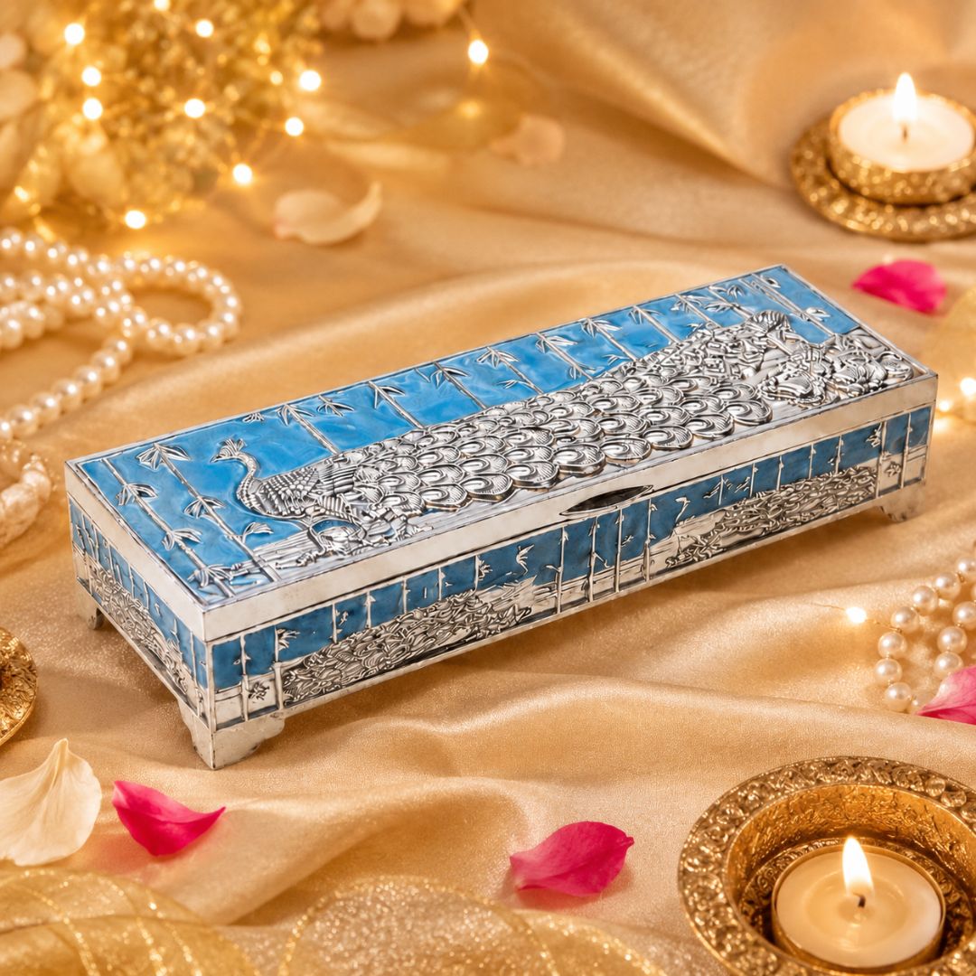 Premium German Silver Peacock Dry Fruit Box with Blue Enamel Finish (9 x 3.5 x 2 Inch)