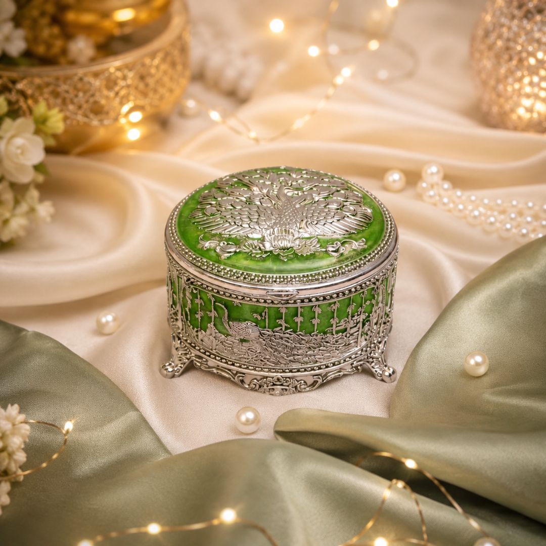 Royal Peacock Enamel Silver Jewellery Box – 3 Inch (Green Finish)