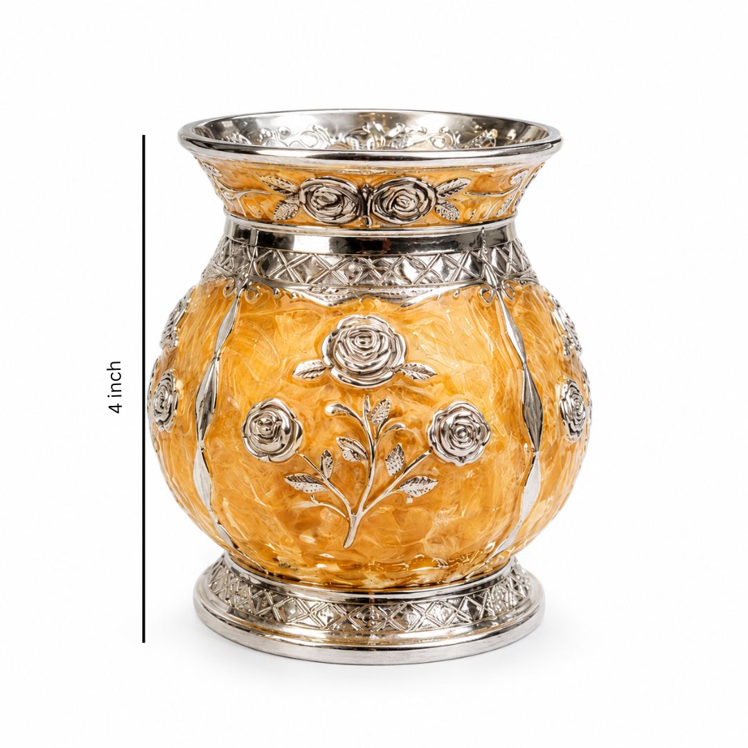 German Silver Floral Kalash with Yellow Enamel Work