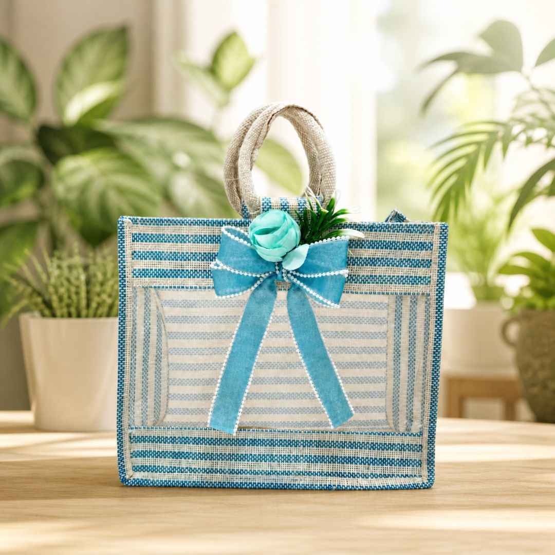 (Set of 5)Premium Blue Striped Jute Gift Bag with Transparent Window & Floral Bow –  (12 x 14 Inches)