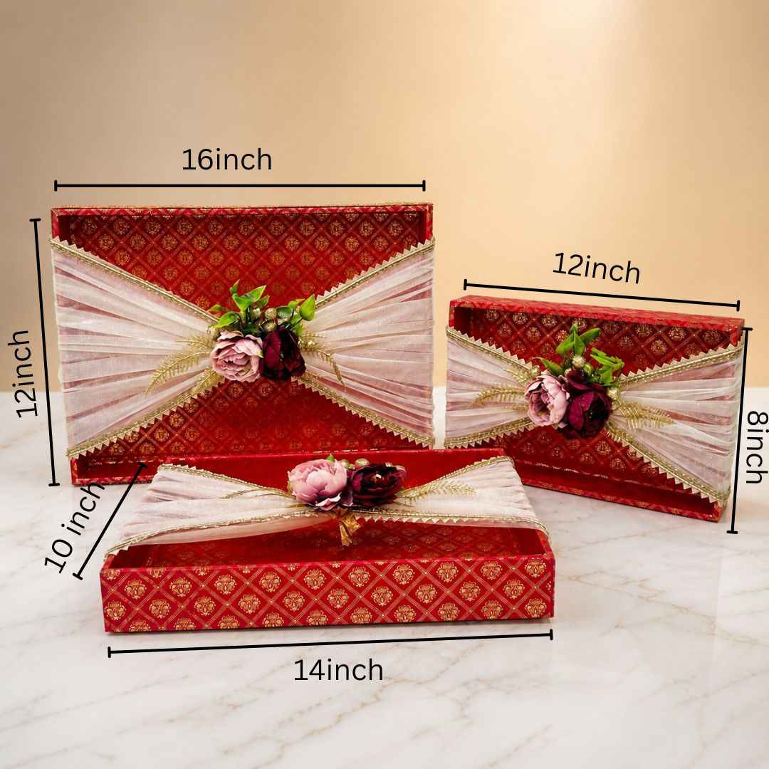 (Set of 3)Premium Red Floral Net Decorative Tray – Wedding Trousseau & Gift Packing Trays