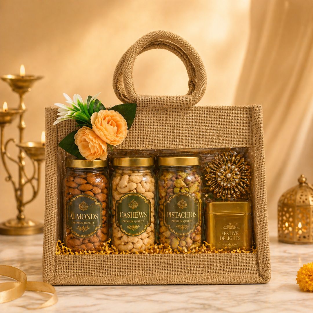 (Set of 5)Premium Jute Gift Basket with Transparent Window & Floral Accent – 11 x 13 Inch