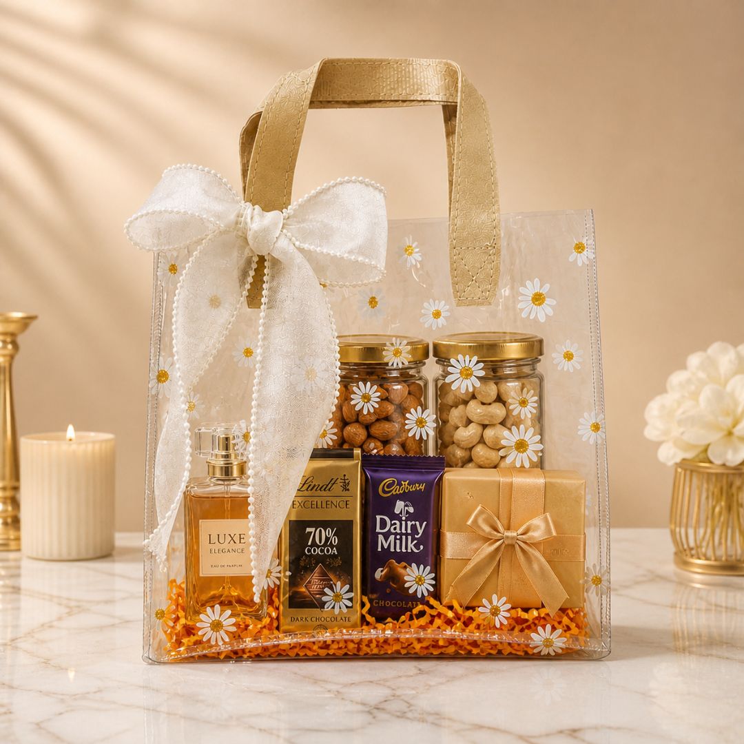 (Set of 5)Premium Transparent Floral Gift Bag with Bow Handle – 10 Inch x 14 Inch Sizes