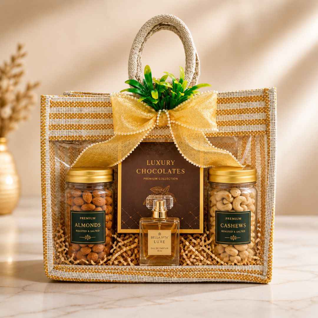 (Set of 5)Premium Jute Transparent Gift Bag with Golden Bow & Handle (12 x 14 Inch)