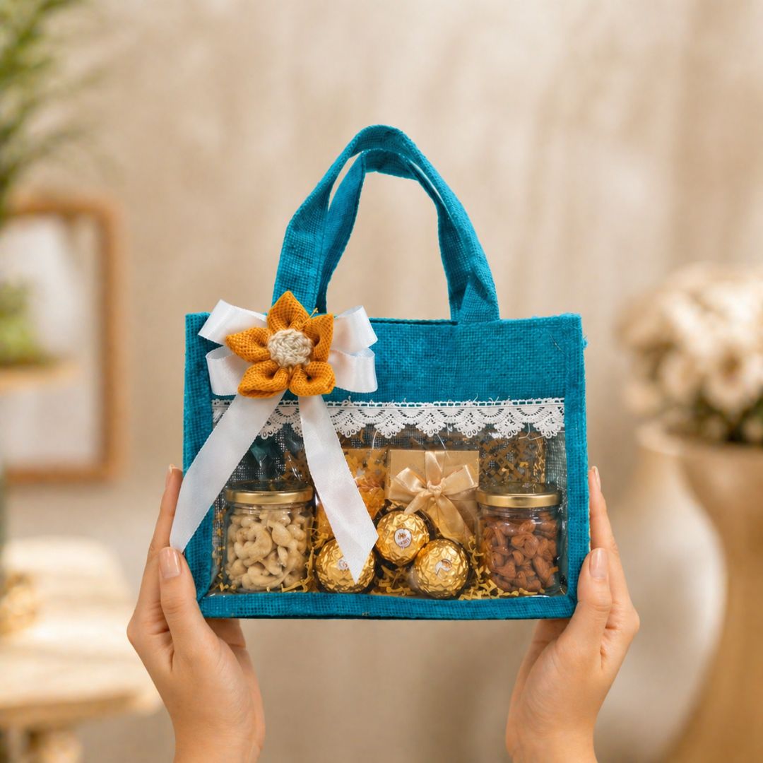(Set of 5)Premium Teal Jute Gift Basket with Transparent Window & Lace Decor| 8 x 10 Inch Sizes)