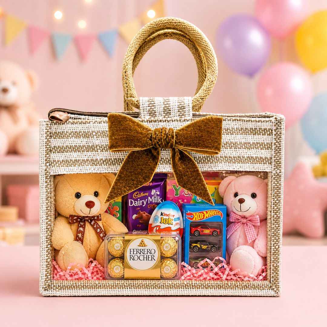 (Set of 5)Premium Jute Gift Bags with Transparent Window & Golden Bow – 12 x 15 Inches