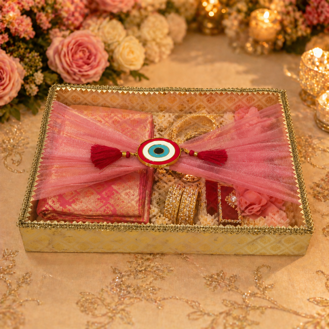 (Set of 2)Premium Evil Eye Net Gift Tray (16x12 & 14x10 Inch) – Pink Fabric Finish with Tassel Decor - Adscraft.in