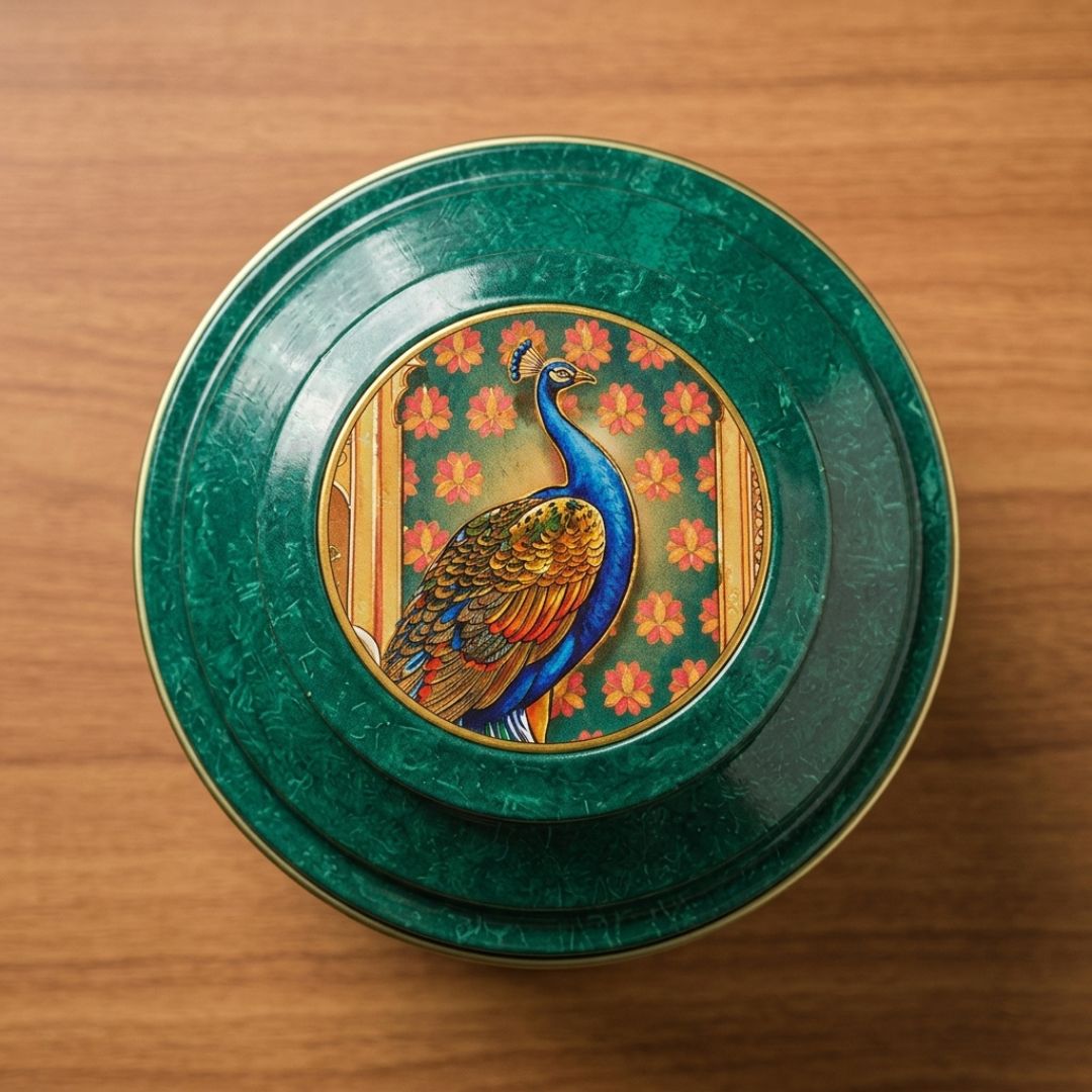 Pack of 6 Peacock Printed Metal Tin Box with Lid – Premium Gift & Dry Fruit Packaging Box