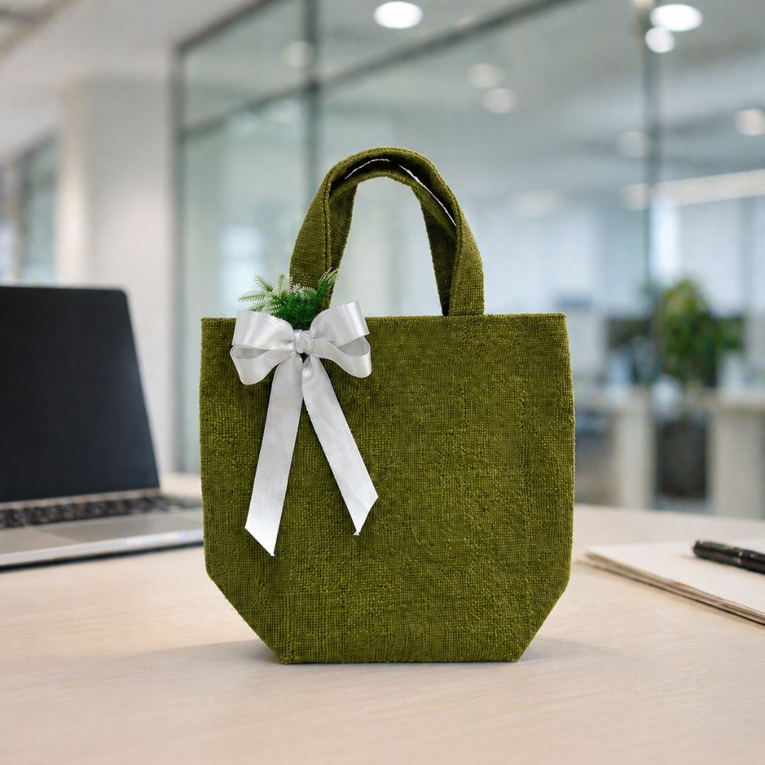 (Set of 5)Premium Olive Green Jute Gift Bag with Ribbon & Floral Accent  –  (11 x 15 Inch Sizes)