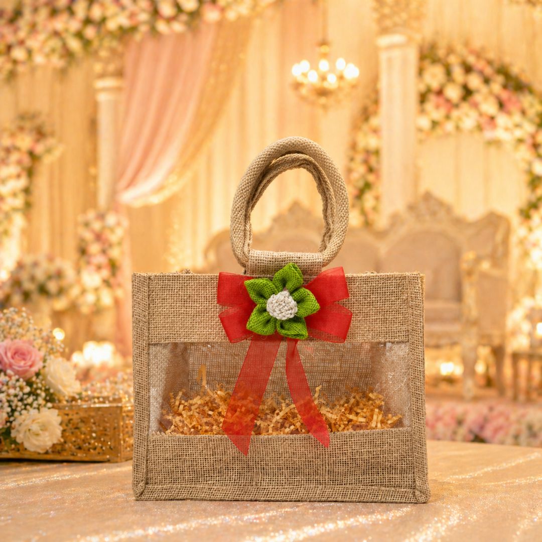 (Set of 5)Premium Jute Window Gift Basket with Handle & Floral Ribbon – 10 x 8 Inches
