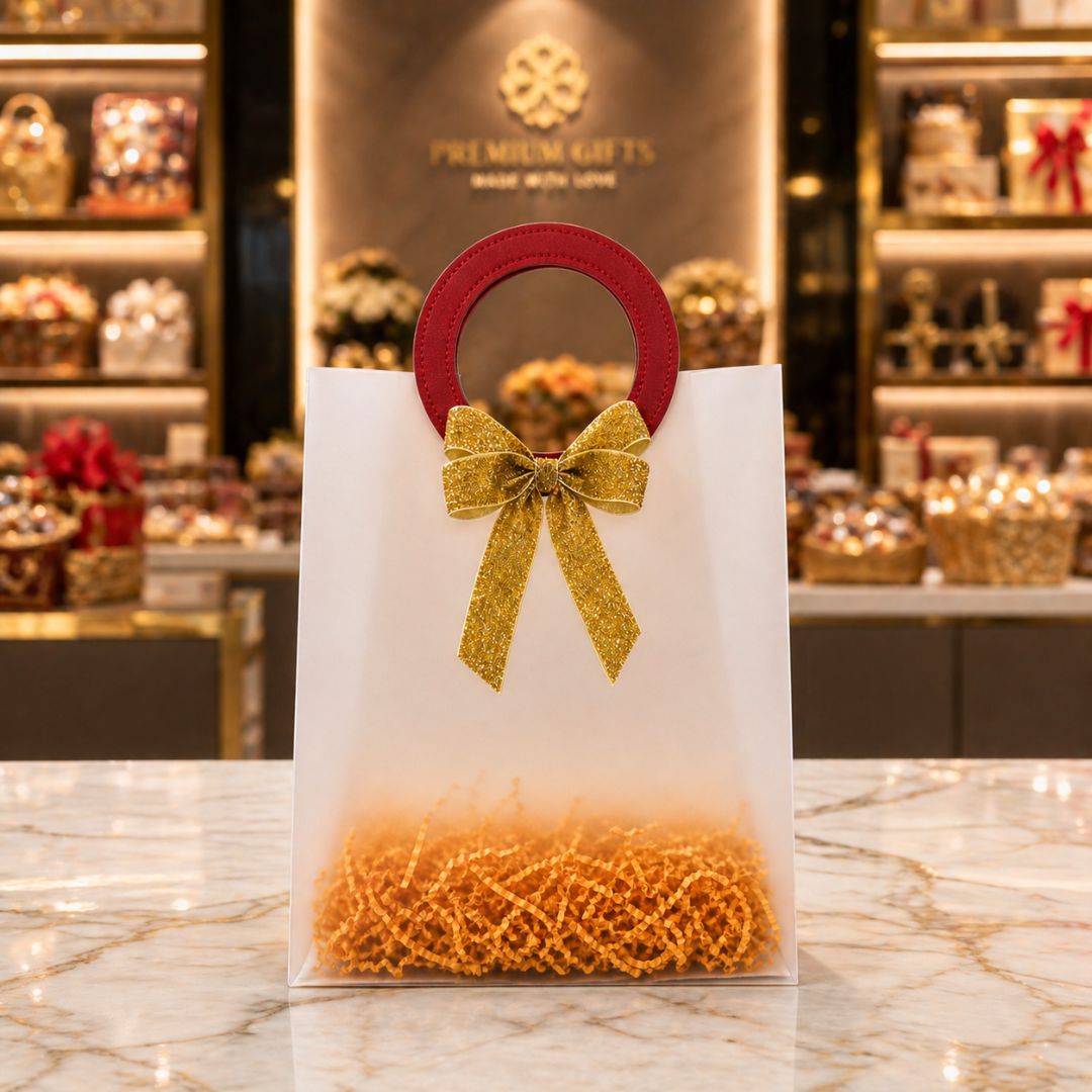 (Set of 5)Premium Frosted Gift Bags with Designer Ring Handle & Golden Bow –(7 x 10 Inch)