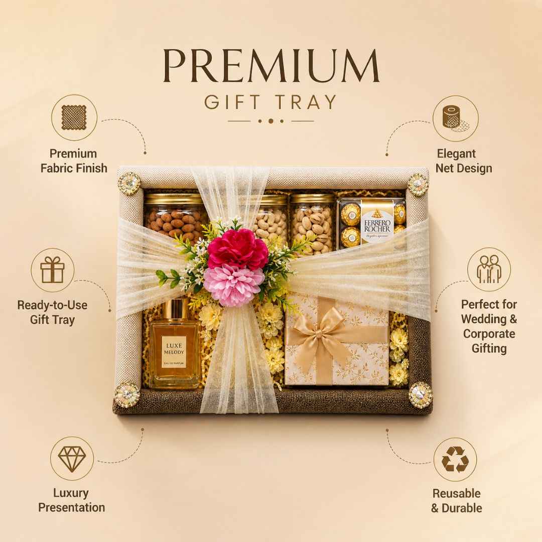 (Set of 3)Luxury Golden Ready-to-Use Trousseau Tray with Floral Net Decor – 19 x 14 Inches