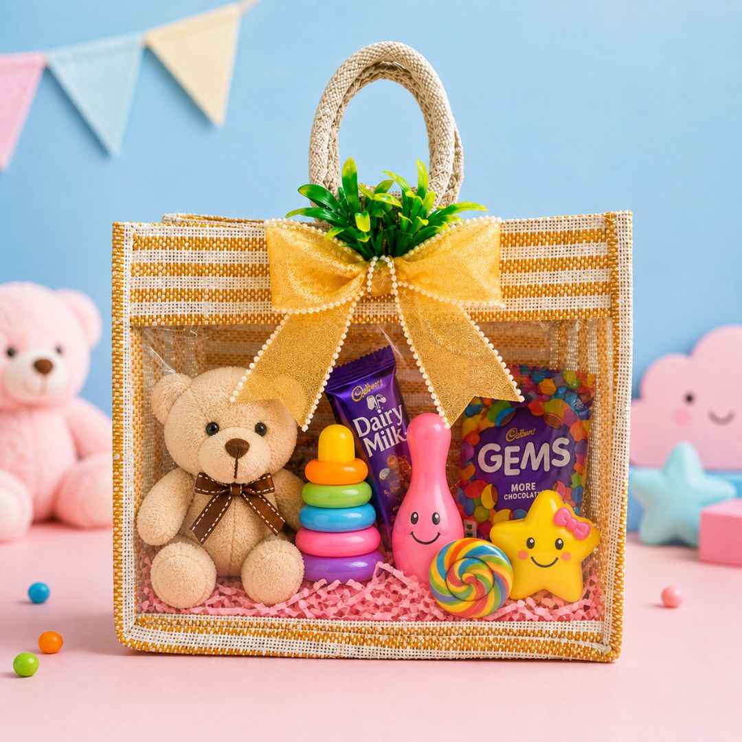 (Set of 5)Premium Jute Transparent Gift Bag with Golden Bow & Handle (12 x 14 Inch)
